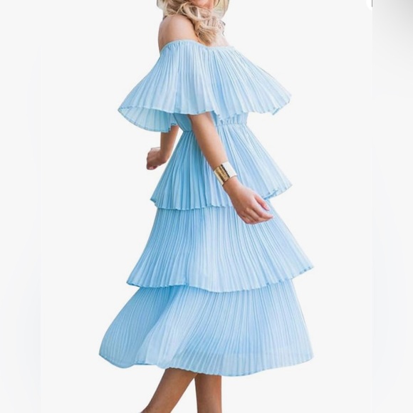 Dresses & Skirts - Off The Shoulder Ruffles Midi Dress -light blue XL